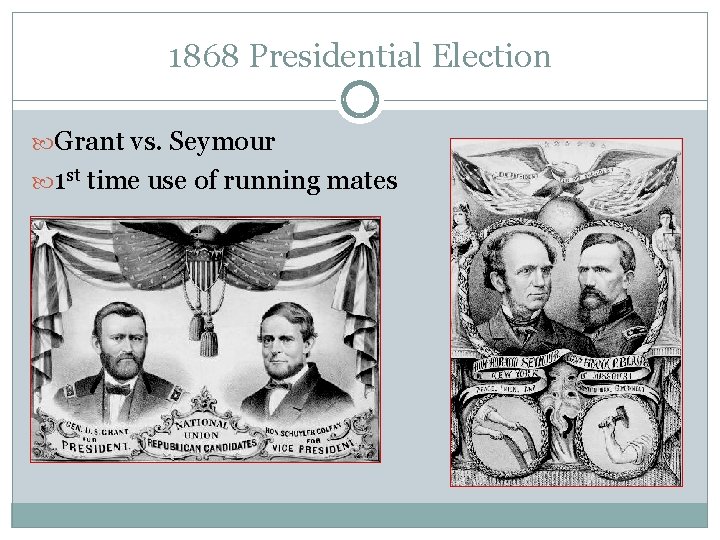 1868 Presidential Election Grant vs. Seymour 1 st time use of running mates 