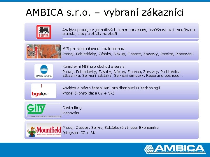 AMBICA s. r. o. – vybraní zákazníci Analýza prodeje v jednotlivých supermarketech, úspěšnost akcí,