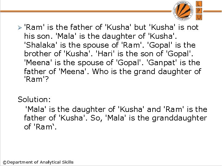 Ø 'Ram' is the father of 'Kusha' but 'Kusha' is not his son. 'Mala' Ø 'Ram' is the father of 'Kusha' but 'Kusha' is not his son. 'Mala'