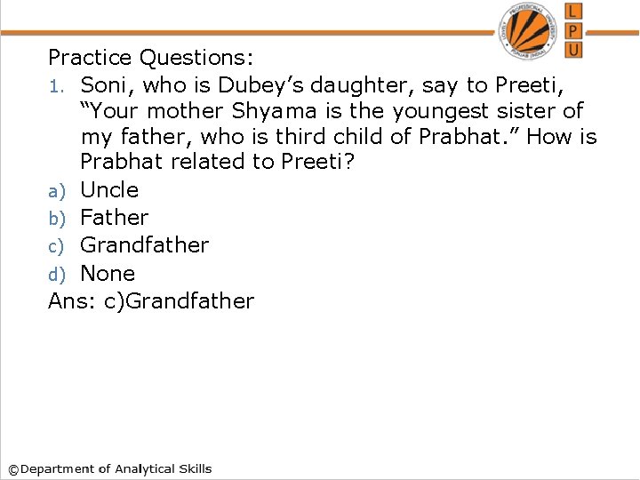 Practice Questions: 1. Soni, who is Dubey’s daughter, say to Preeti, “Your mother Shyama