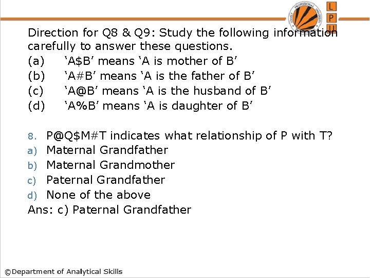 Direction for Q 8 & Q 9: Study the following information carefully to answer