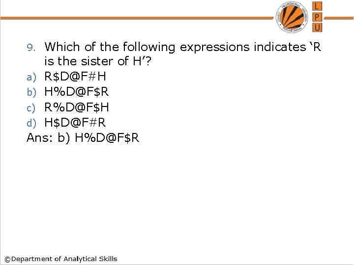 Which of the following expressions indicates ‘R is the sister of H’? a) R$D@F#H Which of the following expressions indicates ‘R is the sister of H’? a) R$D@F#H