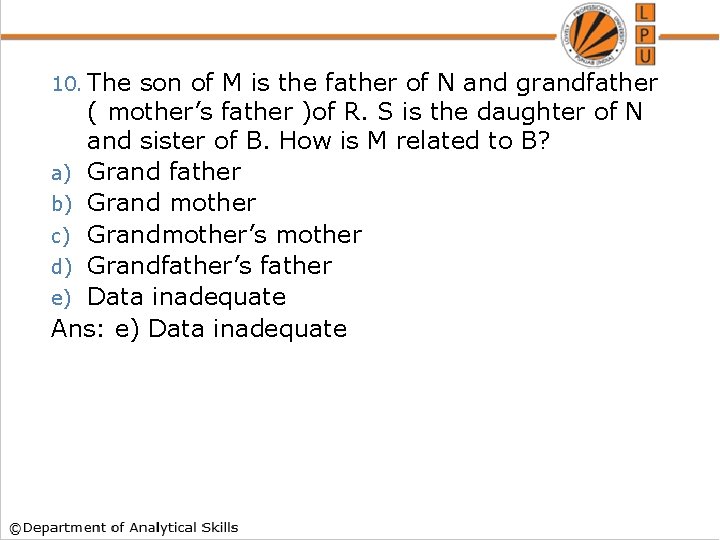 10. The son of M is the father of N and grandfather ( mother’s 10. The son of M is the father of N and grandfather ( mother’s