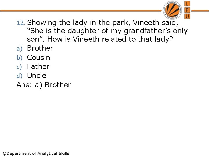 12. Showing the lady in the park, Vineeth said, “She is the daughter of