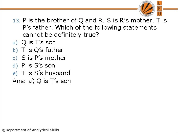 P is the brother of Q and R. S is R’s mother. T is