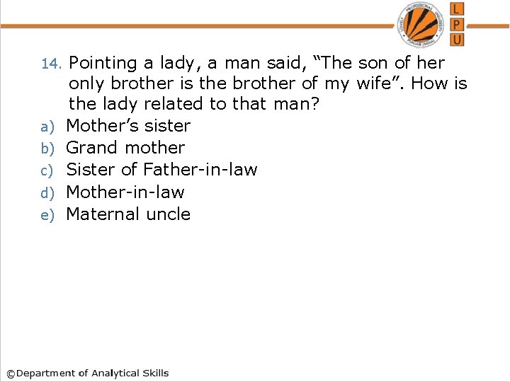 14. a) b) c) d) e) Pointing a lady, a man said, “The son 14. a) b) c) d) e) Pointing a lady, a man said, “The son