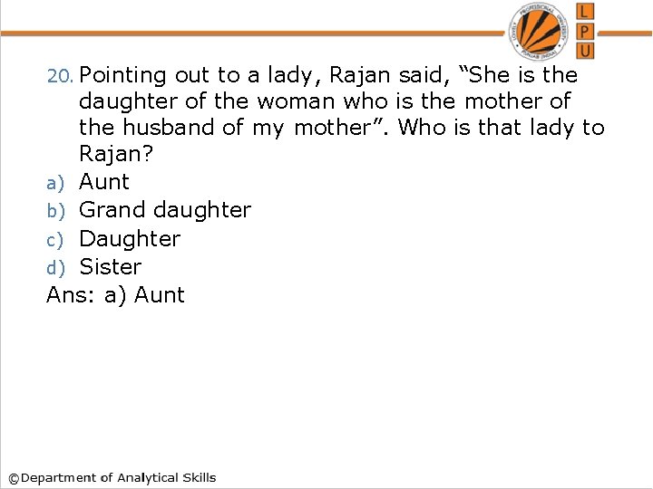 20. Pointing out to a lady, Rajan said, “She is the daughter of the