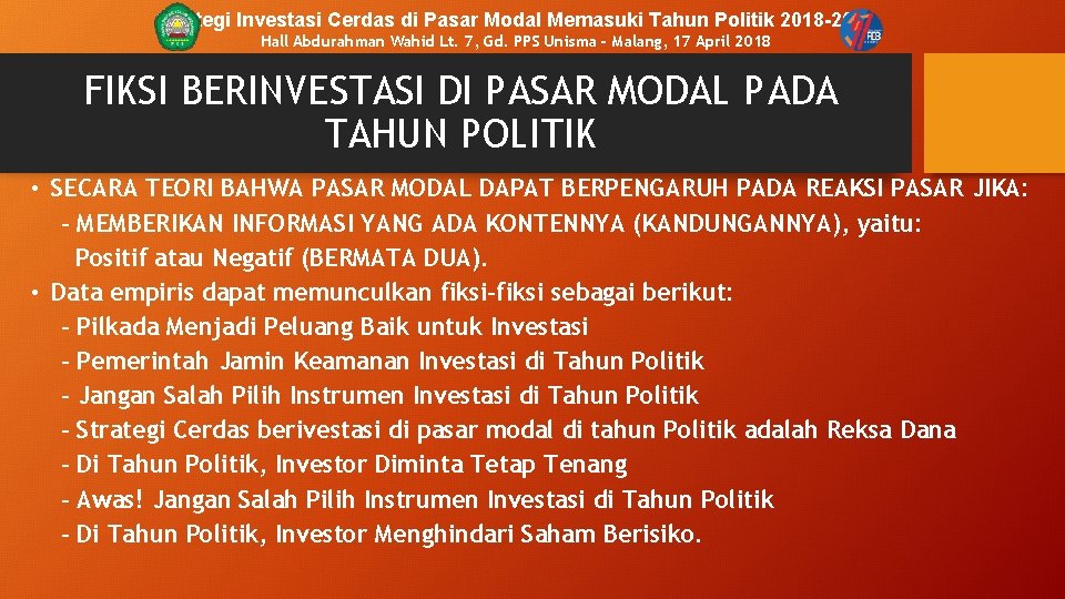 Strategi Investasi Cerdas di Pasar Modal Memasuki Tahun Politik 2018 -2019 Hall Abdurahman Wahid