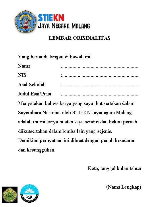 LEMBAR ORISINALITAS Yang bertanda tangan di bawah ini: Nama : . . . .