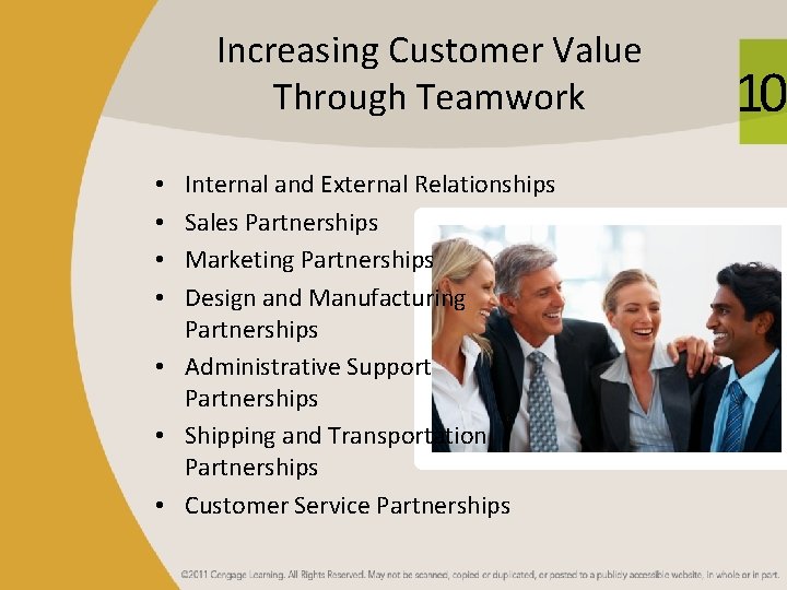 Increasing Customer Value Through Teamwork Internal and External Relationships Sales Partnerships Marketing Partnerships Design