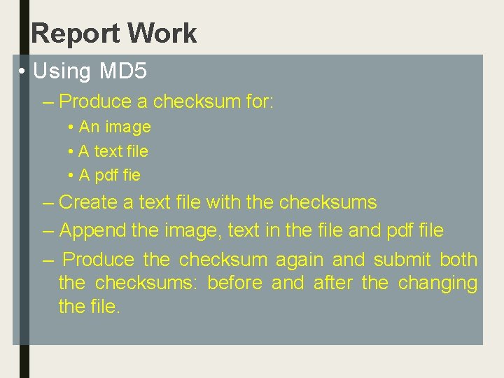 Report Work • Using MD 5 – Produce a checksum for: • An image