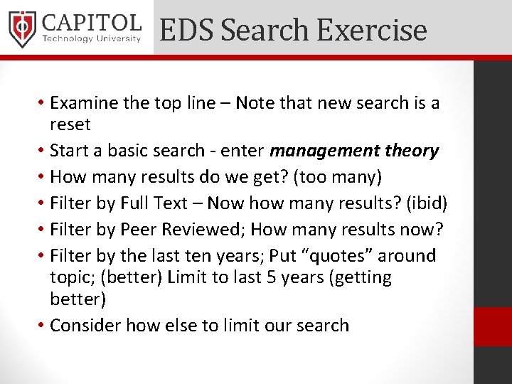 EDS Search Exercise • Examine the top line – Note that new search is