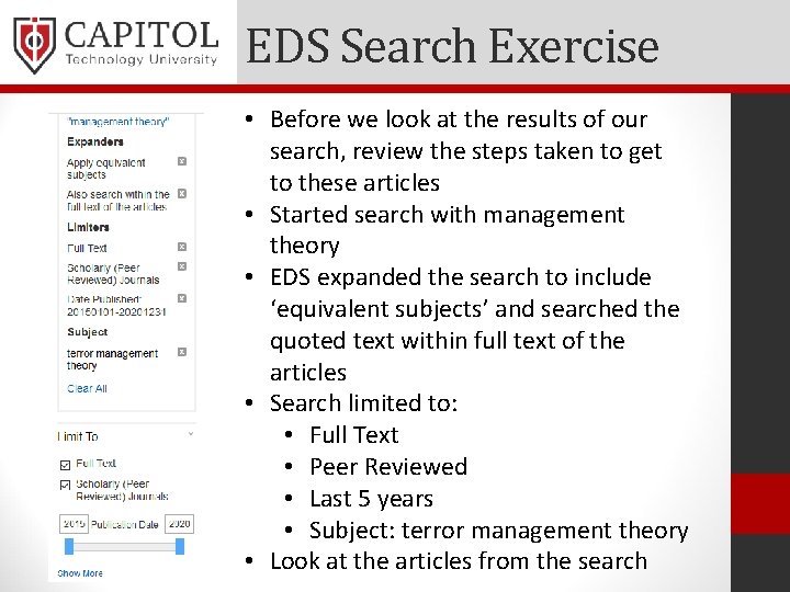 EDS Search Exercise • Before we look at the results of our search, review