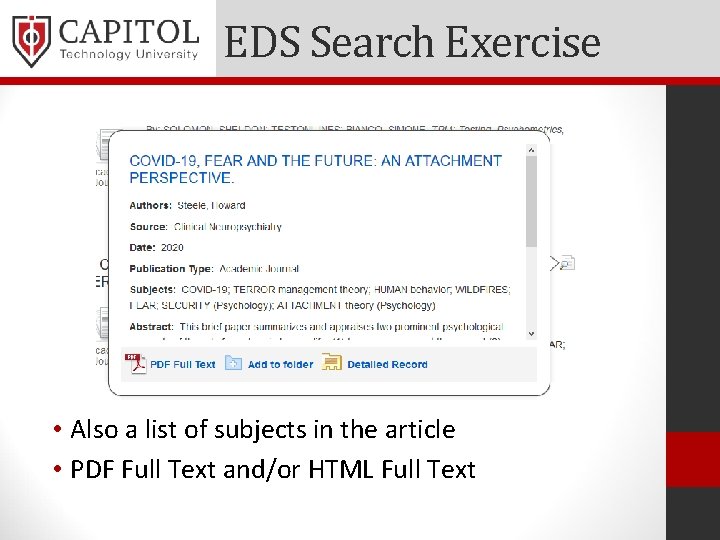 EDS Search Exercise • Also a list of subjects in the article • PDF