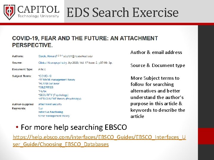 EDS Search Exercise Author & email address Source & Document type More Subject terms