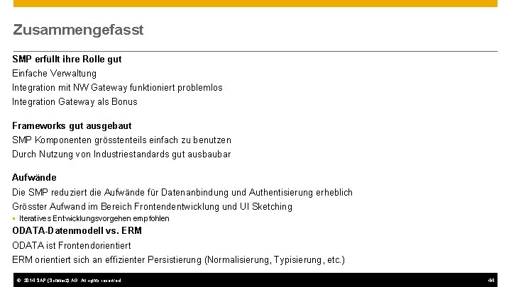 Zusammengefasst SMP erfüllt ihre Rolle gut Einfache Verwaltung Integration mit NW Gateway funktioniert problemlos