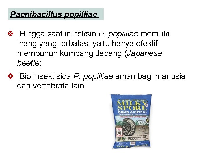 Paenibacillus popilliae v Hingga saat ini toksin P. popilliae memiliki inang yang terbatas, yaitu