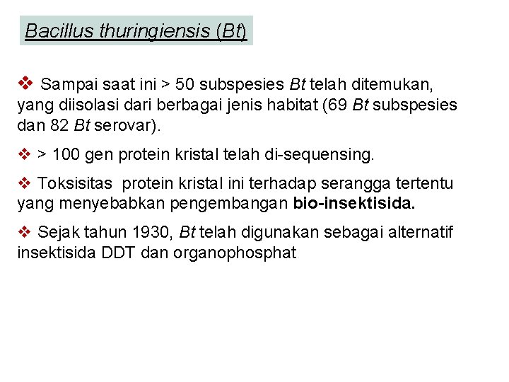 Bacillus thuringiensis (Bt) v Sampai saat ini > 50 subspesies Bt telah ditemukan, yang