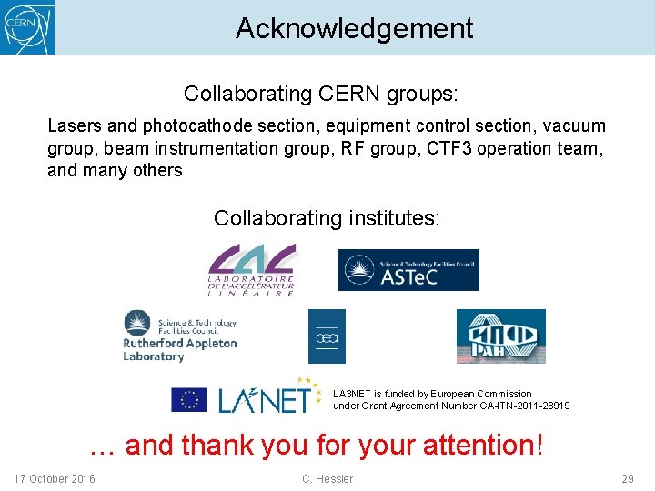 Acknowledgement Collaborating CERN groups: Lasers and photocathode section, equipment control section, vacuum group, beam