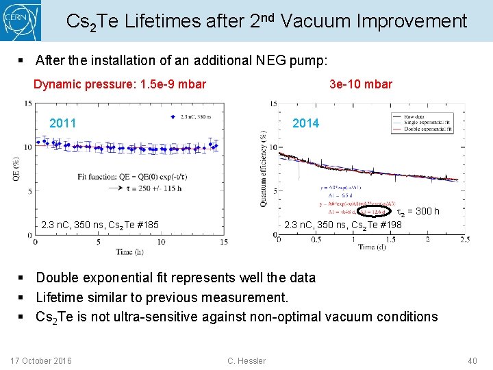 Cs 2 Te Lifetimes after 2 nd Vacuum Improvement § After the installation of