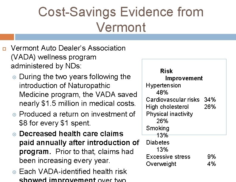 Cost-Savings Evidence from Vermont Auto Dealer’s Association (VADA) wellness program administered by NDs: During
