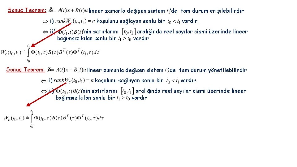 Sonuç Teorem: lineer zamanla değişen sistem ‘de tam durum erişilebilirdir i) koşulunu sağlayan sonlu