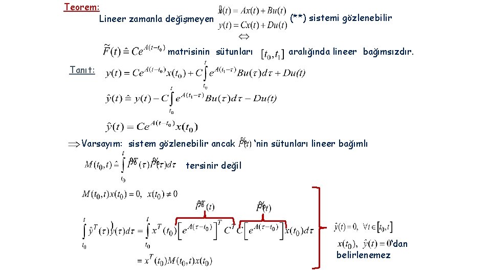 Teorem: Lineer zamanla değişmeyen matrisinin sütunları (**) sistemi gözlenebilir aralığında lineer bağımsızdır. Tanıt: Varsayım: