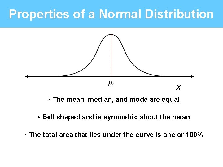 Properties of a Normal Distribution x • The mean, median, and mode are equal