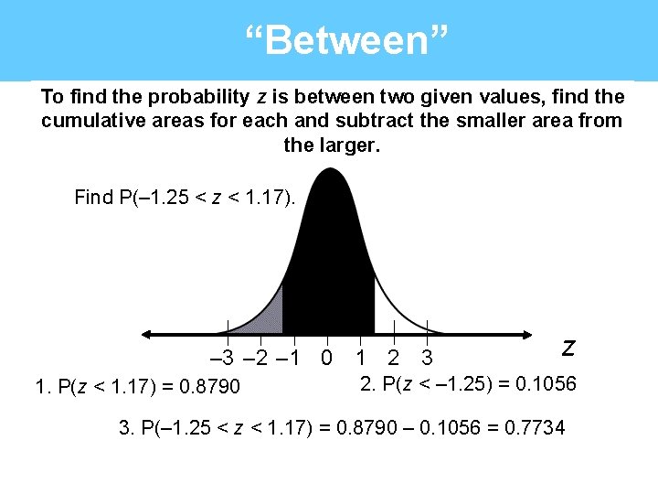 “Between” To find the probability z is between two given values, find the cumulative