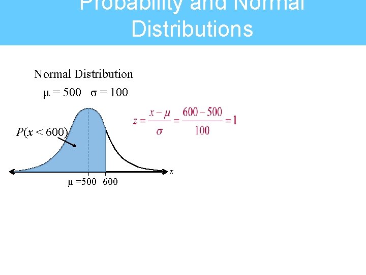 Probability and Normal Distributions Normal Distribution μ = 500 σ = 100 P(x <
