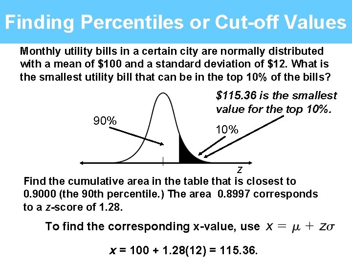 Finding Percentiles or Cut-off Values Monthly utility bills in a certain city are normally