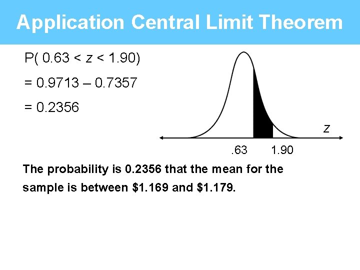 Application Central Limit Theorem P( 0. 63 < z < 1. 90) = 0.