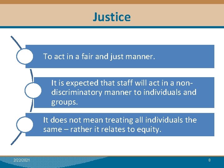 Justice To act in a fair and just manner. It is expected that staff