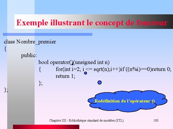 Exemple illustrant le concept de foncteur class Nombre_premier { public: bool operator()(unsigned int n)