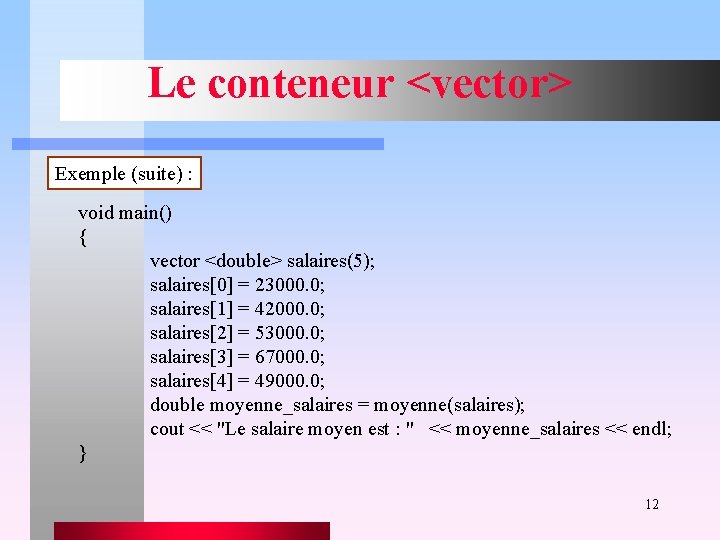 Le conteneur <vector> Exemple (suite) : void main() { vector <double> salaires(5); salaires[0] =