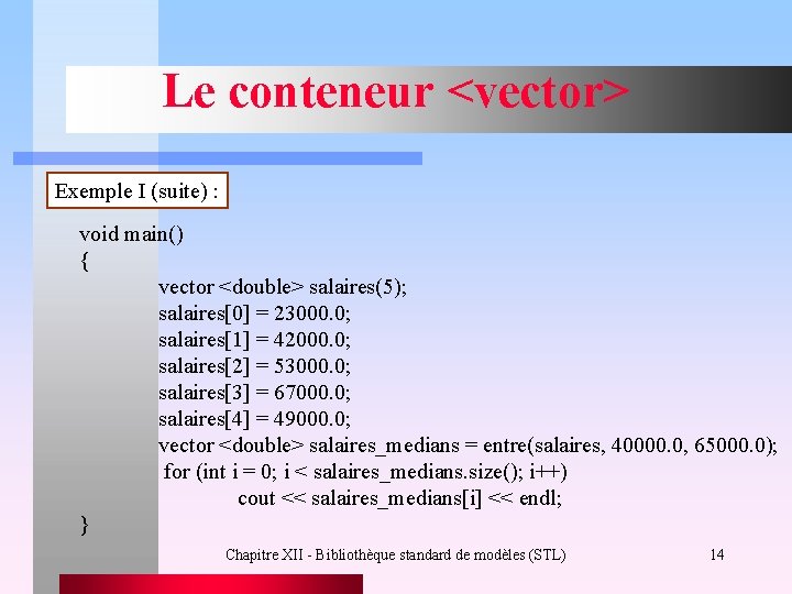 Le conteneur <vector> Exemple I (suite) : void main() { vector <double> salaires(5); salaires[0]