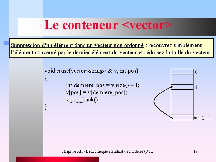 Le conteneur <vector> Suppression d’un élément dans un vecteur non ordonné : recouvrez simplement