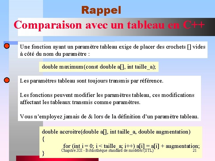 Rappel Comparaison avec un tableau en C++ Une fonction ayant un paramètre tableau exige