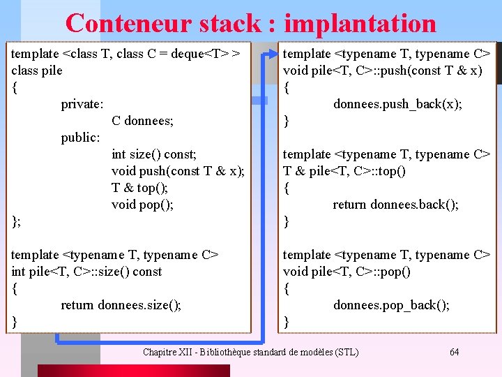Conteneur stack : implantation template <class T, class C = deque<T> > class pile