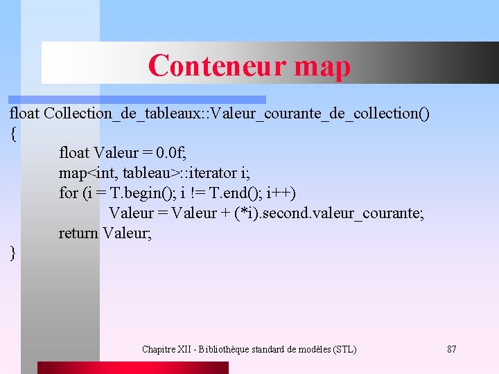 Conteneur map float Collection_de_tableaux: : Valeur_courante_de_collection() { float Valeur = 0. 0 f; map<int,