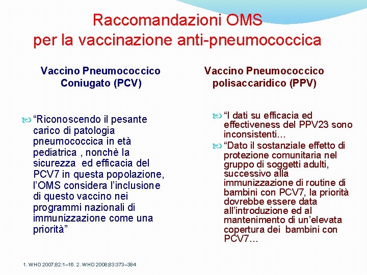 Raccomandazioni OMS per la vaccinazione anti-pneumococcica Vaccino Pneumococcico Coniugato (PCV) “Riconoscendo il pesante carico