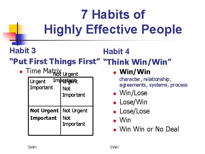 7 Habits of Highly Effective People Habit 3 Habit 4 “Put First Things First”