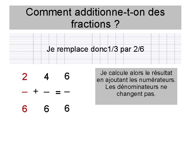 Comment additionne-t-on des fractions ? Je remplace donc 1/3 par 2/6 6 2 4