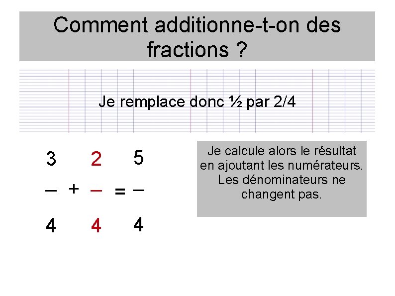 Comment additionne-t-on des fractions ? Je remplace donc ½ par 2/4 5 3 2