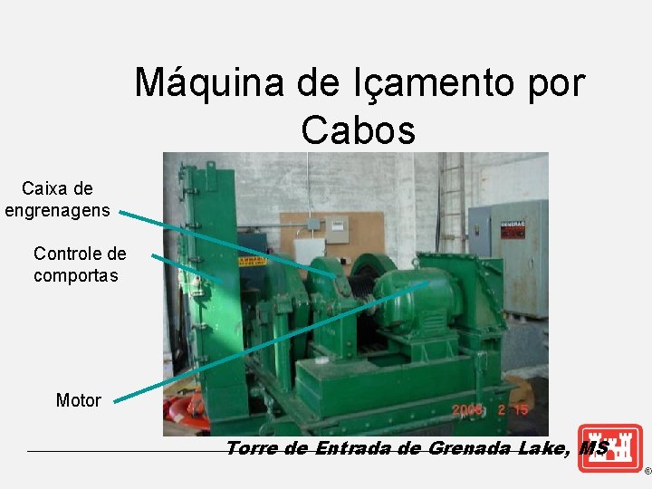 Máquina de Içamento por Cabos Caixa de engrenagens Controle de comportas Motor Torre de