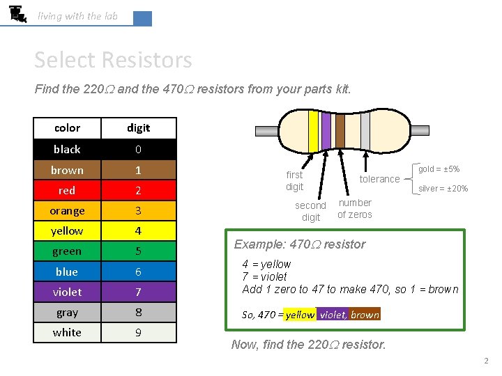 living with the lab Select Resistors Find the 220 W and the 470 W