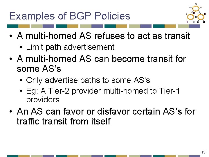 Examples of BGP Policies • A multi-homed AS refuses to act as transit •