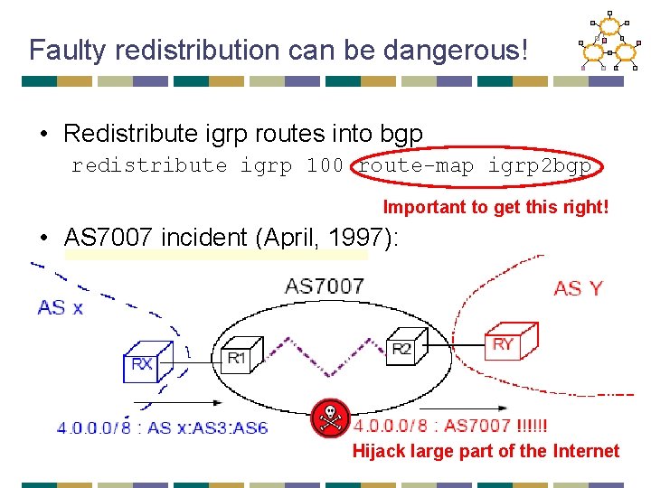Faulty redistribution can be dangerous! • Redistribute igrp routes into bgp redistribute igrp 100