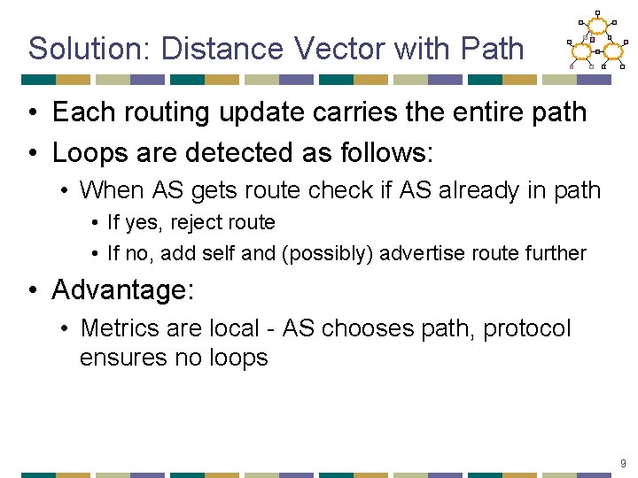 Solution: Distance Vector with Path • Each routing update carries the entire path •