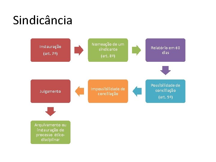 Sindicância Instauração (art. 7º) Nomeação de um sindicante (art. 8º) Relatório em 60 dias